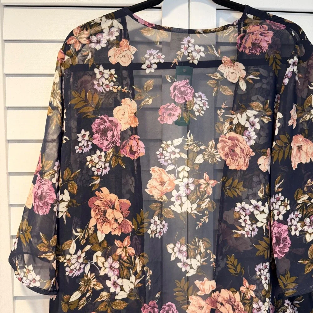 Kaileigh Tinkham Open Kimono Navy Floral Sheer Chiffon XXL Stitch‎ Fix Boho New